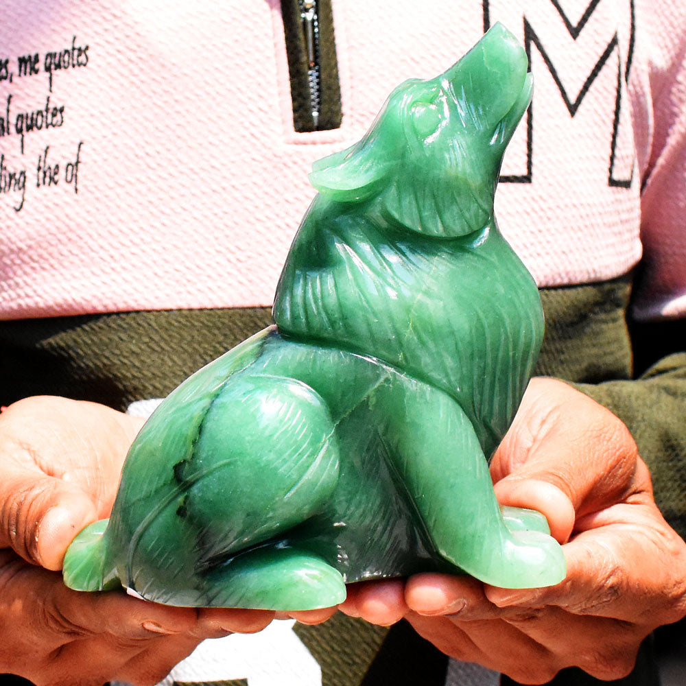 Amazing 4550.00 Cts Genuine Green Aventurine Hand Carved Wolf Gemstone Crystal Carving