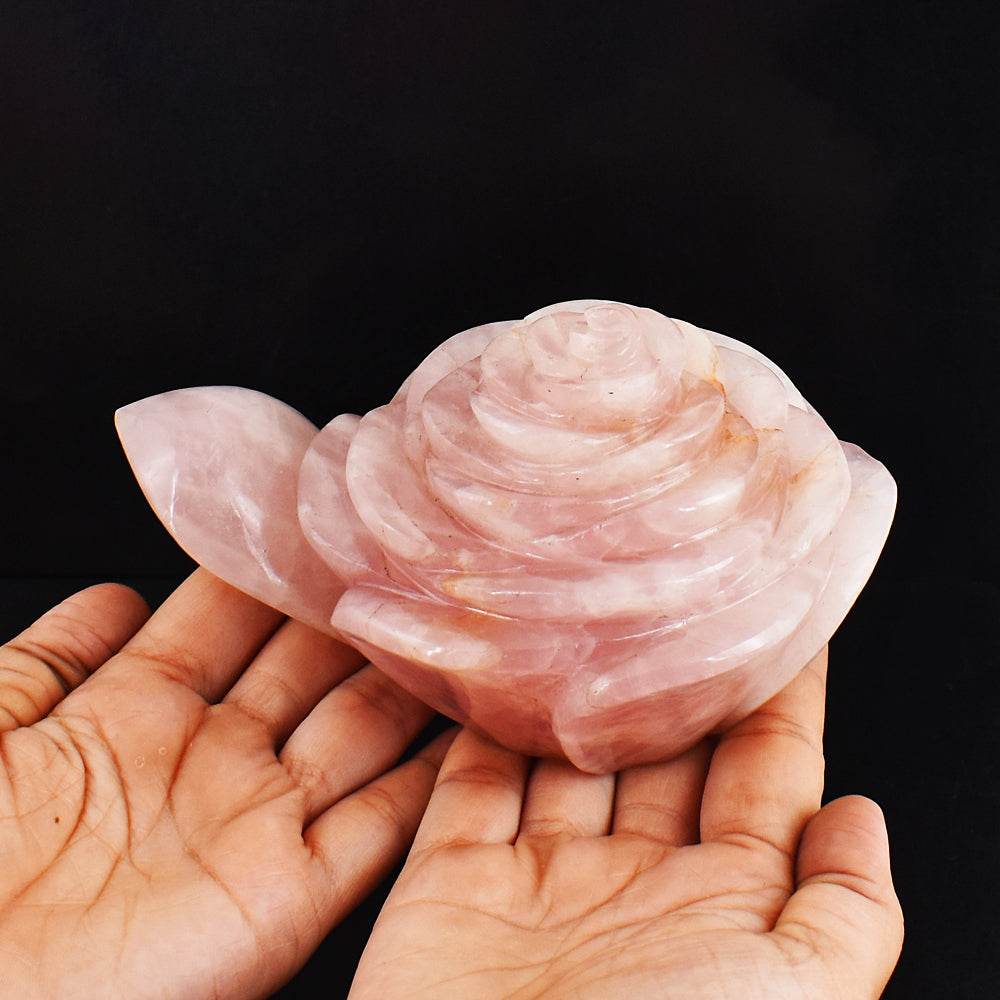 Natural 5220.00 Carats Genuine Pink Rose Quartz Hand Carved Crystal Rose With Leaf  Gemstone Carving