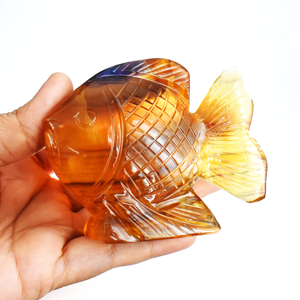 Gorgeous 1290.00 Cts Genuine Multicolor Fluorite Hand Carved  Crystal Gemstone Carving Fish