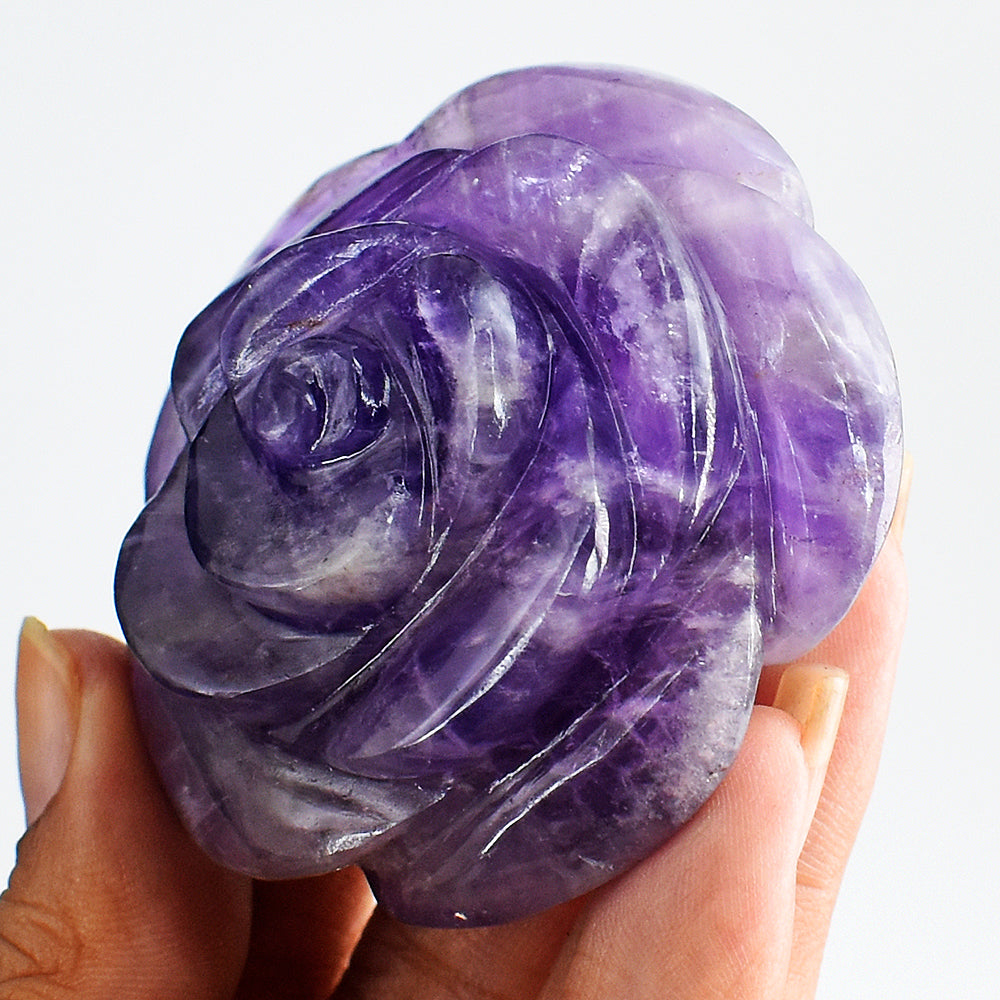 Craftsmen  347.00 Carats Genuine  Amethyst Hand Carved  Crystal Rose Flower Gemstone