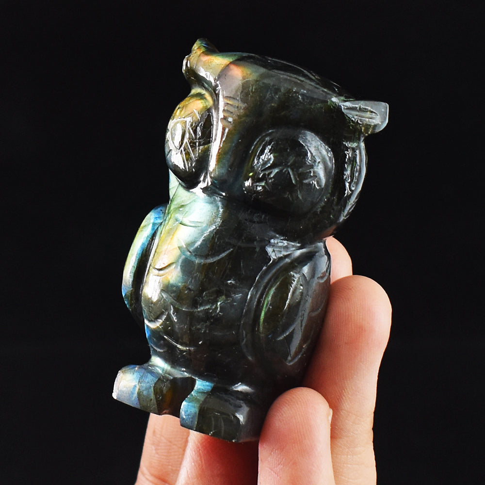 Stunning 407.00 Cts Genuine Golden Flash Labradorite Hand Carved Crystal Gemstone Owl  Carving