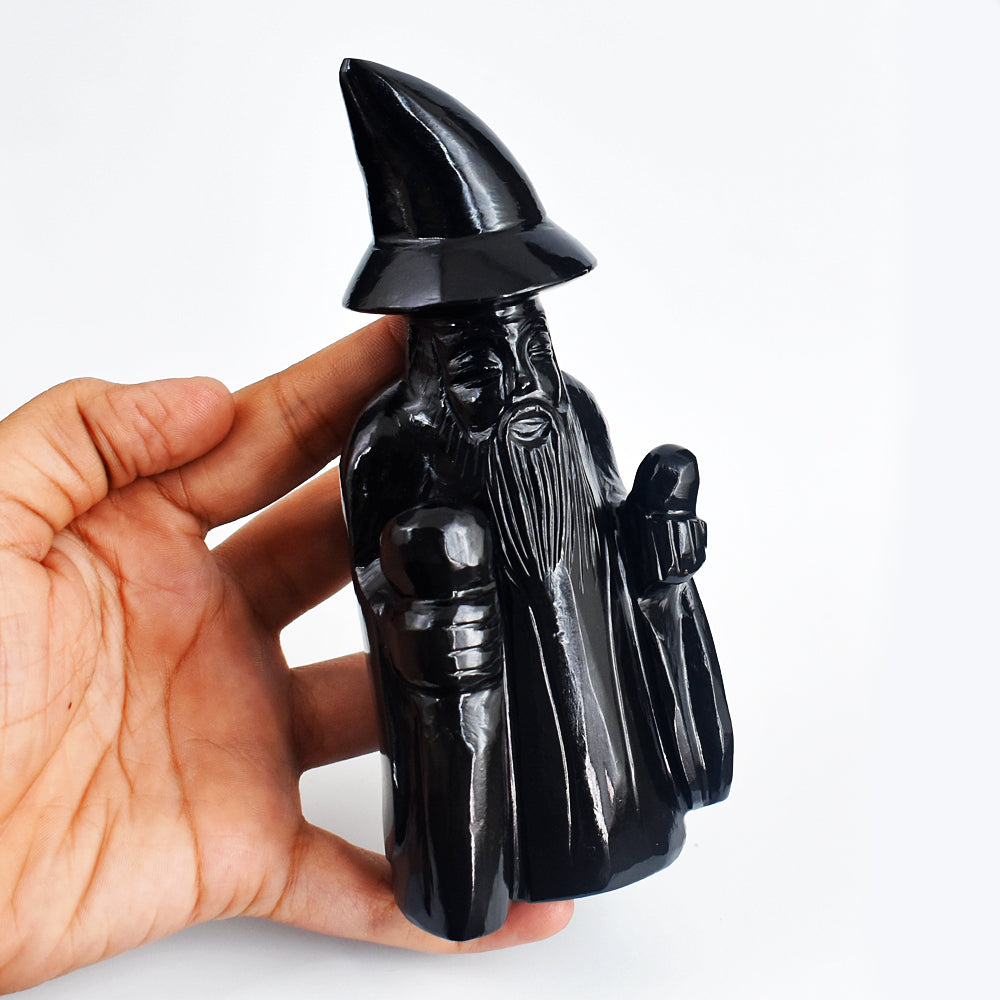 Genuine 3023.00 Carats Black Spinel Hand Carved Crystal Gemstone Wizard Carving