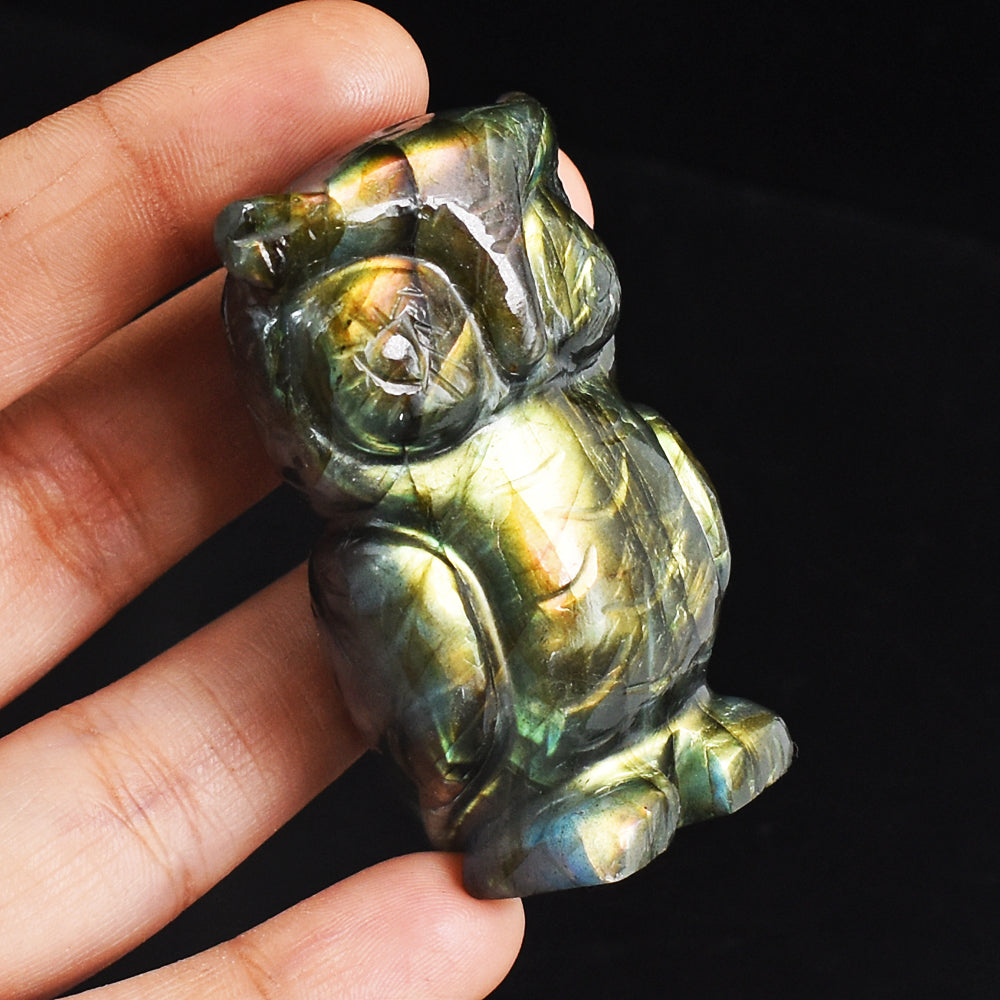 Stunning 407.00 Cts Genuine Golden Flash Labradorite Hand Carved Crystal Gemstone Owl  Carving