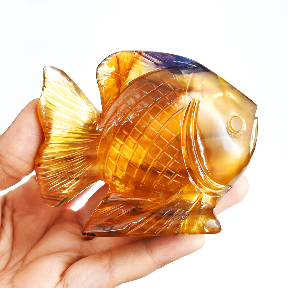 Gorgeous 1290.00 Cts Genuine Multicolor Fluorite Hand Carved  Crystal Gemstone Carving Fish