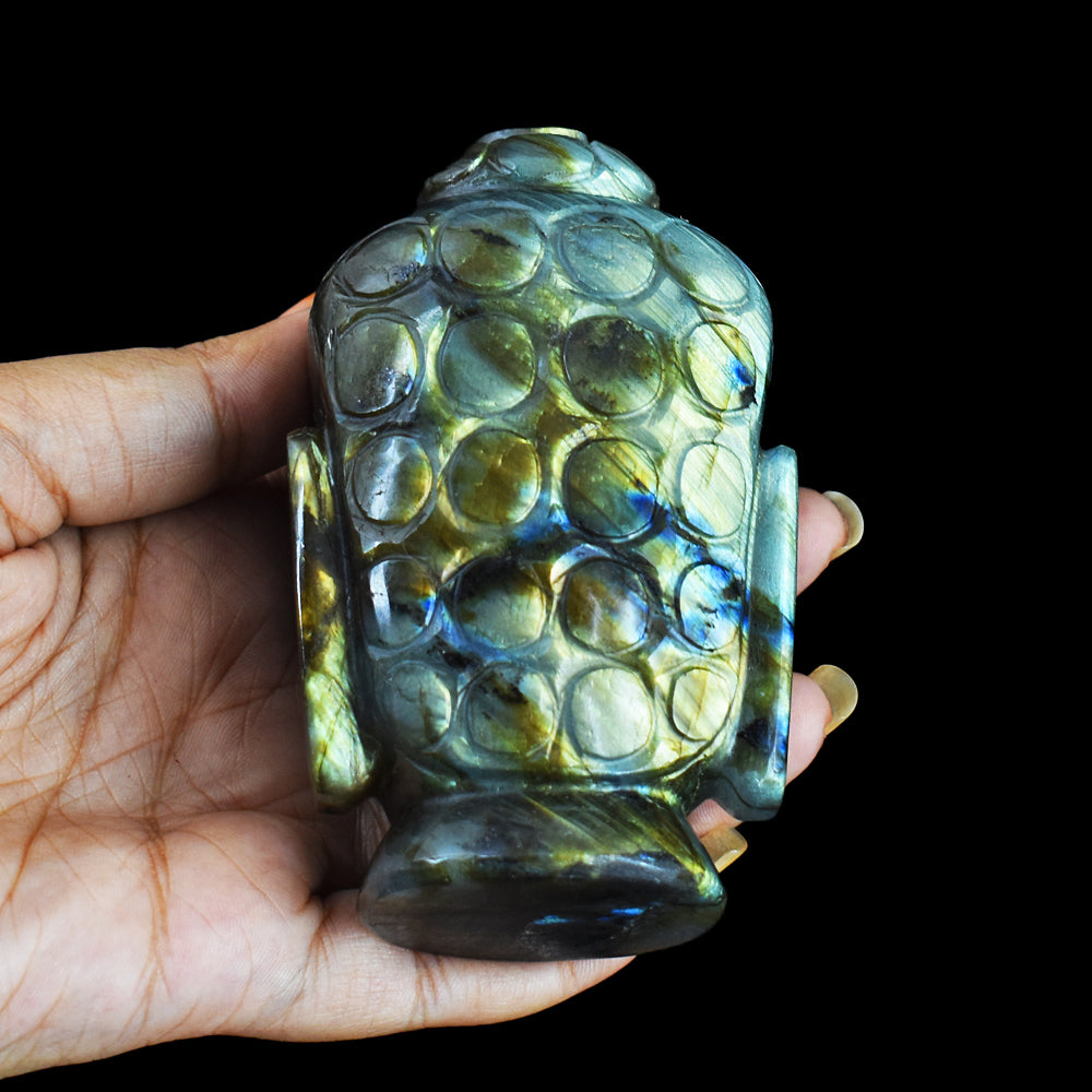 Beautiful 1867.00 Cts Genuine Blue & Golden Flash Labradorite Hand Carved Gemstone Buddha Head