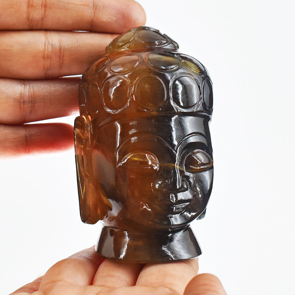 Genuine 2064.00 Carats Multicolor Fluorite Hand Carved Crystal Buddha Head  Gemstone Carving