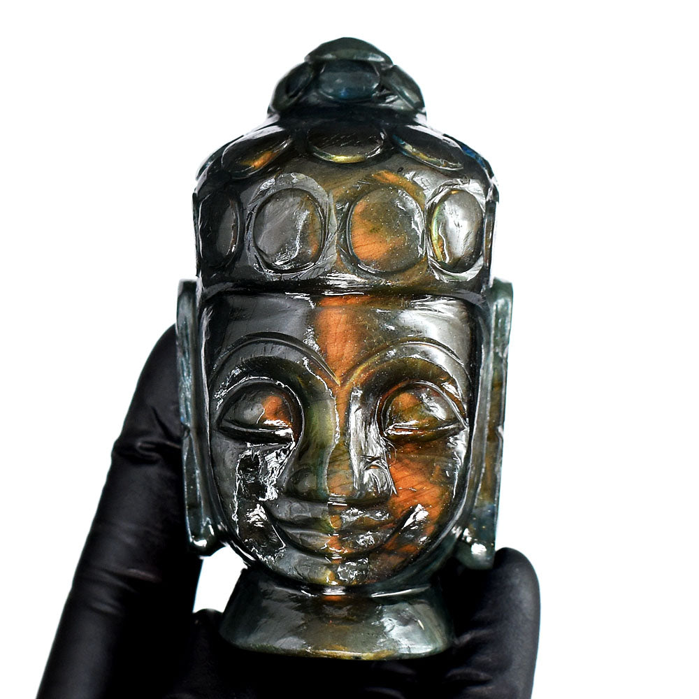 Orange & Golden Flash Labradorite 1340.00 Cts Genuine Hand Carved Gemstone Crystal Buddha Head Carving