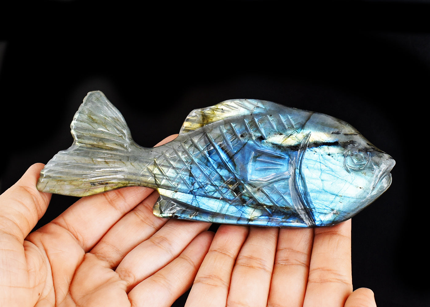 Awesome 1027.00 Cts Genuine Amazing Flash LabradoriteHand Carved Gemstone Carving Fish