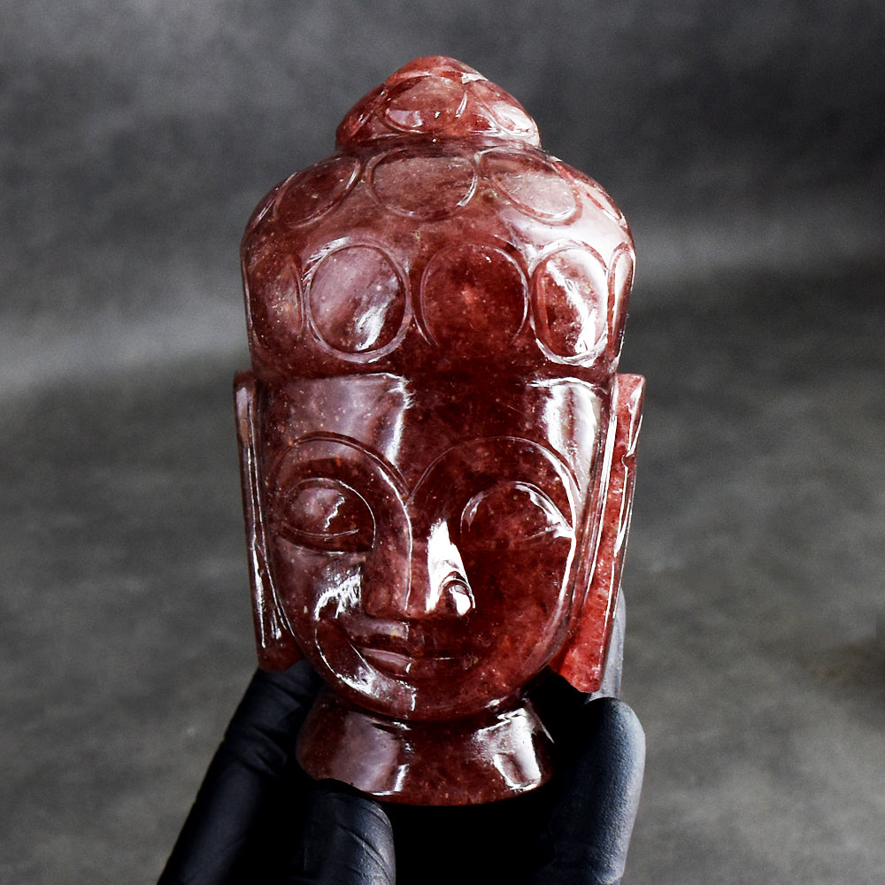Natural 2118.00 Cts Genuine Strawberry Quartz Hand Carved Buddha Head Crystal Gemstone Carving