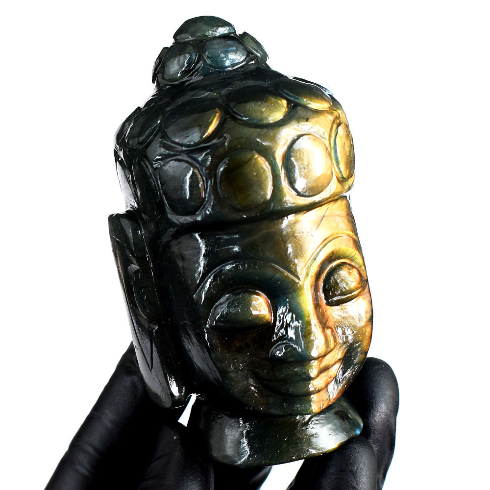 Orange & Golden Flash Labradorite 1340.00 Cts Genuine Hand Carved Gemstone Crystal Buddha Head Carving