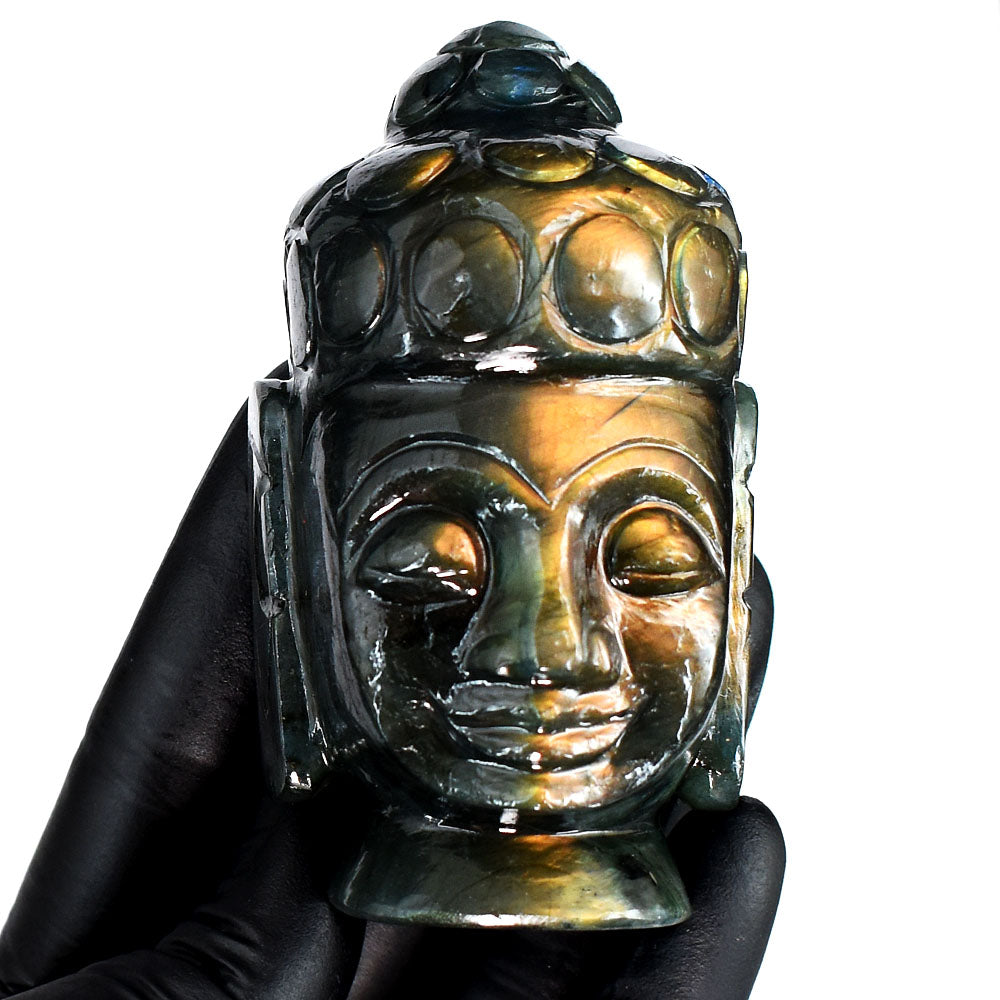 Orange & Golden Flash Labradorite 1340.00 Cts Genuine Hand Carved Gemstone Crystal Buddha Head Carving