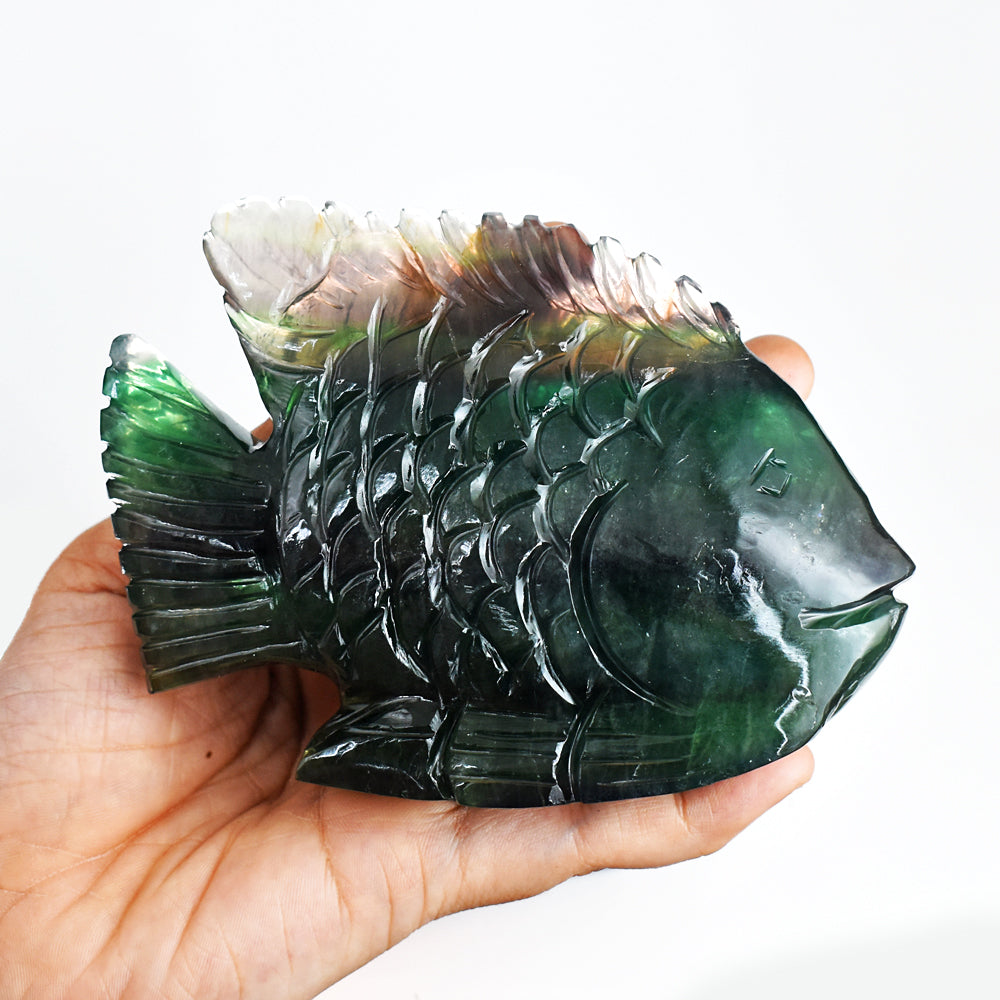 Exclusive  2971.00 Carats Genuine Multicolor Fluorite Hand Carved  Crystal Gemstone Carving Fish
