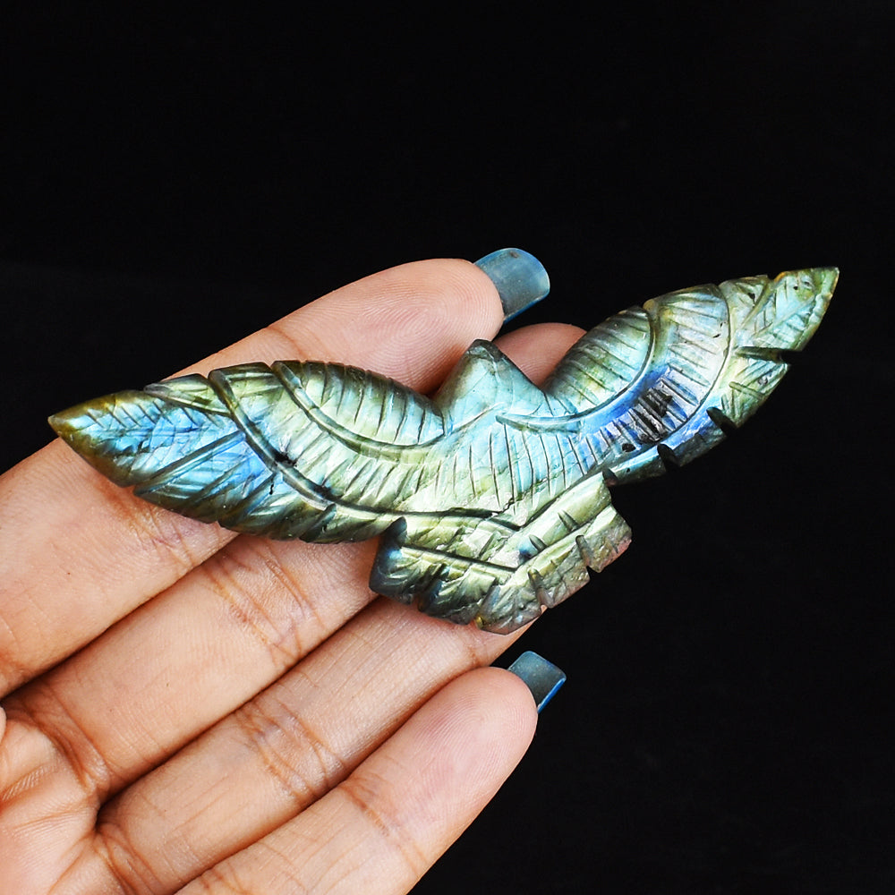 Amazing  99.00 Carats  Amazing Flash Labradorite   Hand Carved Genuine Crystal Eagle  Carving
