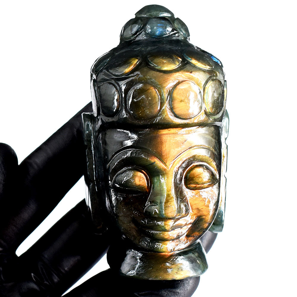Orange & Golden Flash Labradorite 1340.00 Cts Genuine Hand Carved Gemstone Crystal Buddha Head Carving