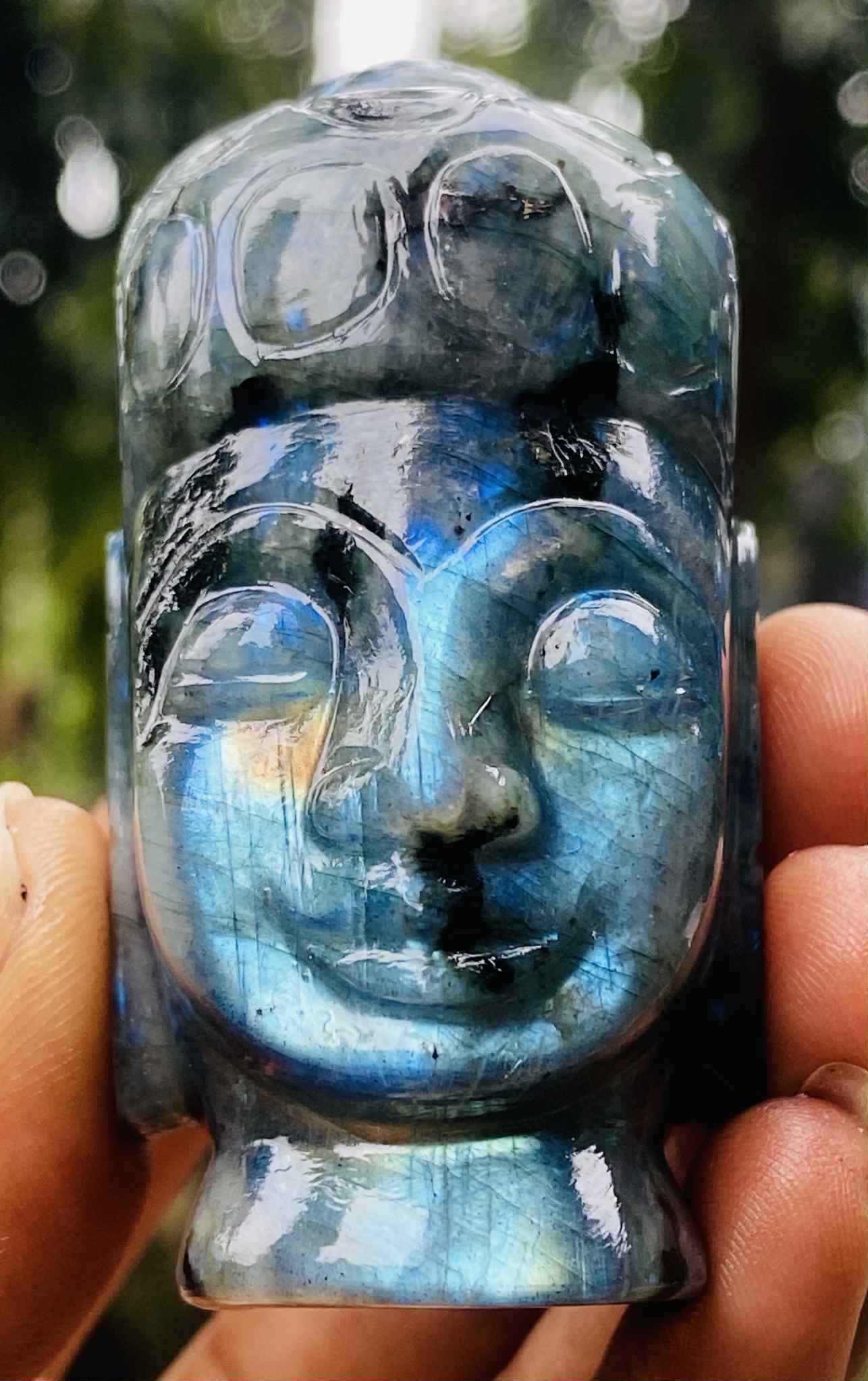 Stunning 647.00 Cts Genuine Natural Blue Flash Labradorite Hand Carved Gemstone Buddha Head Crystal Carving