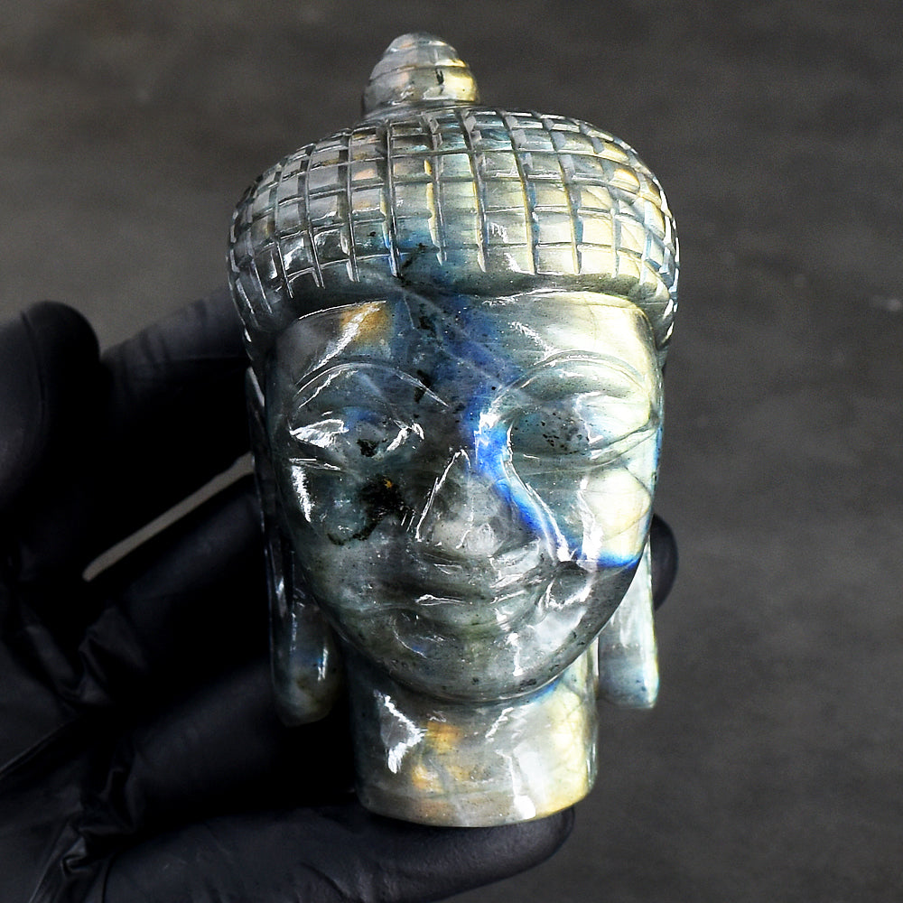 Awesome 1344.00 Cts Genuine Golden & Blue Flash Labradorite Hand Carved Crystal Gemstone Buddha Head Carving