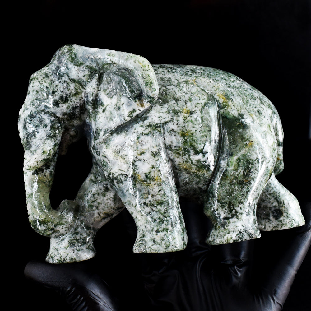 Artisian 3989.00 Cts Genuine Moss Agate Hand Carved Gemstone Crystal Elephant Carving