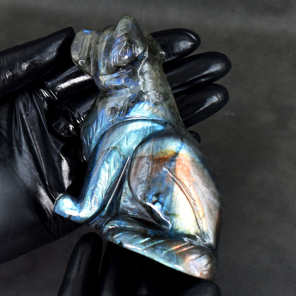 Genuine 1792.00 Cts Artisian Blue Flash Labradorite Crystal Hand Carved Dog Gemstone Carving
