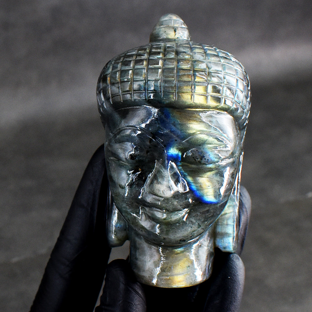 Awesome 1344.00 Cts Genuine Golden & Blue Flash Labradorite Hand Carved Crystal Gemstone Buddha Head Carving