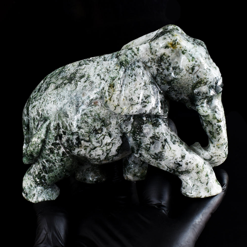 Artisian 3989.00 Cts Genuine Moss Agate Hand Carved Gemstone Crystal Elephant Carving