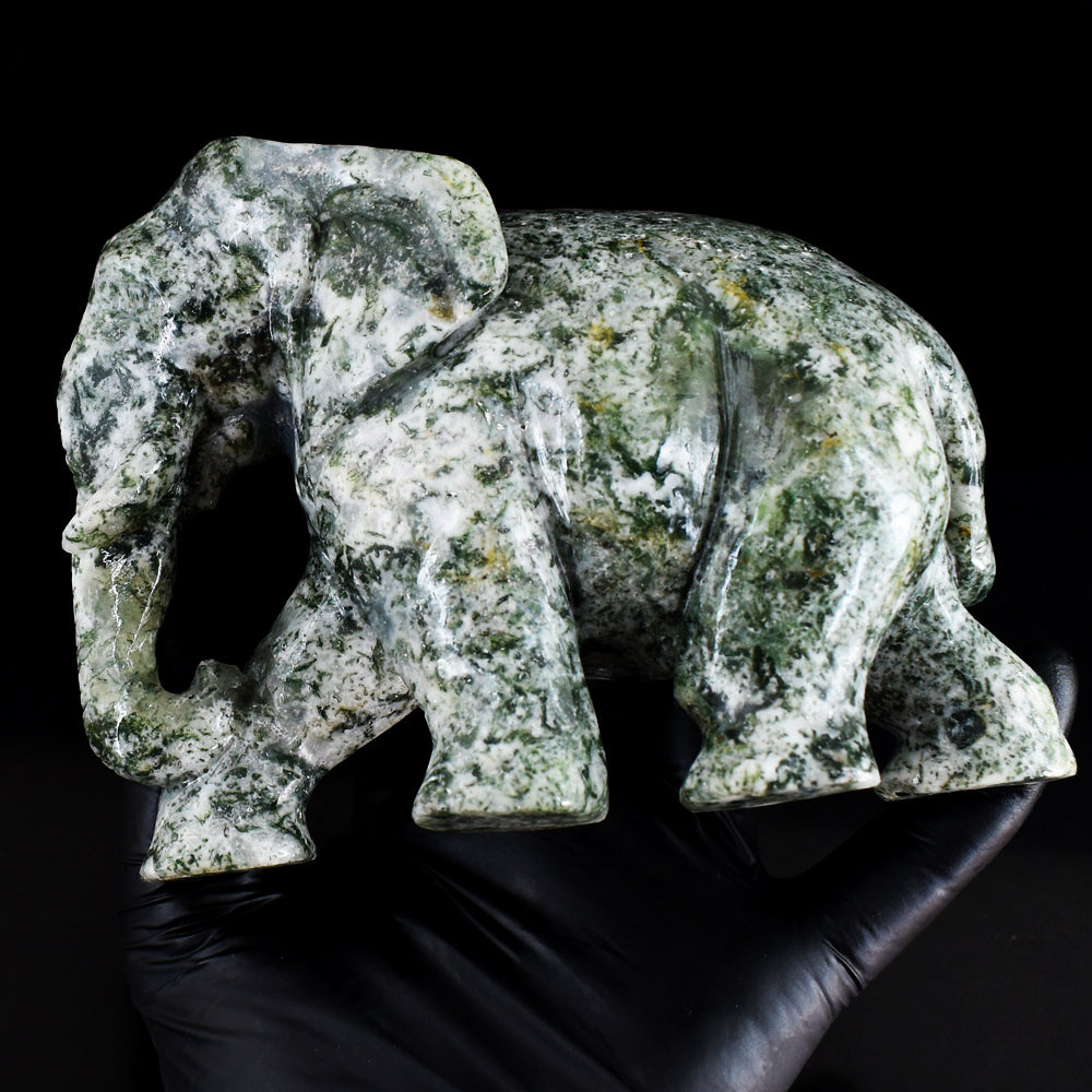 Artisian 3989.00 Cts Genuine Moss Agate Hand Carved Gemstone Crystal Elephant Carving