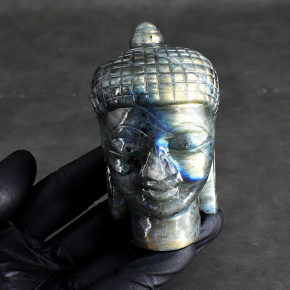 Awesome 1344.00 Cts Genuine Golden & Blue Flash Labradorite Hand Carved Crystal Gemstone Buddha Head Carving