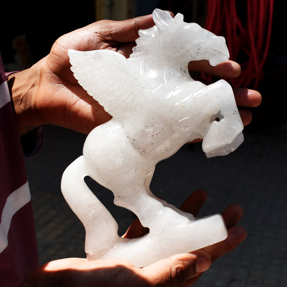 Awesome 8266.00 Cts Genuine White Quartz Hand Carved Crystal Gemstone Pegasus Carving