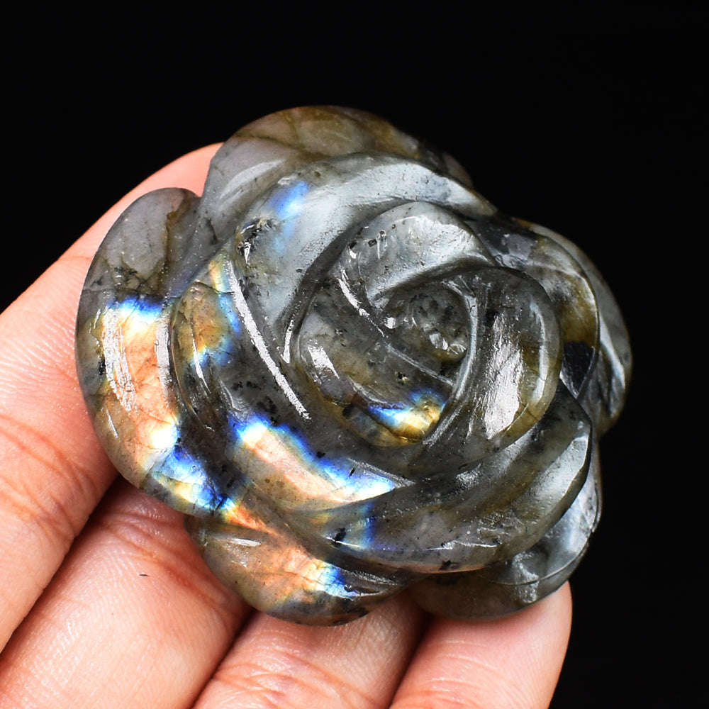 gemsmore:Amazing  Flash Labradorite 231.00 Carats  Genuine  Hand Carved  Gemstone  Rose Flower Carving