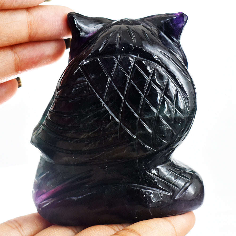 gemsmore:Amazing Multicolor Fluorite Hand Carved Genuine Crystal Gemstone Owl Carving