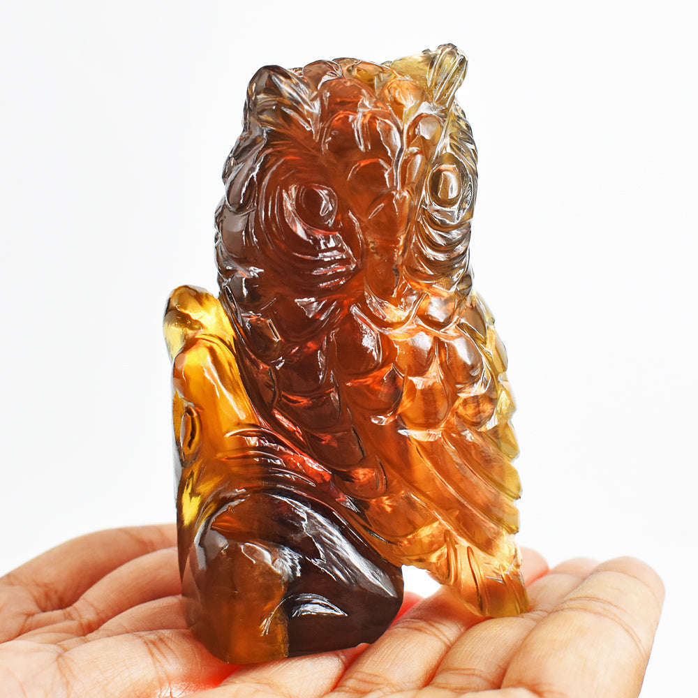 gemsmore:Amazing Multicolor Fluorite Hand Carved Genuine Crystal Gemstone Owl Carving