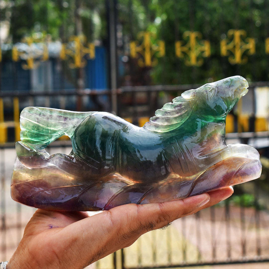 gemsmore:Artisian  4620.00 Cts  Genuine Multicolor Fluorite  Hand Carved Horse Gemstone Carving