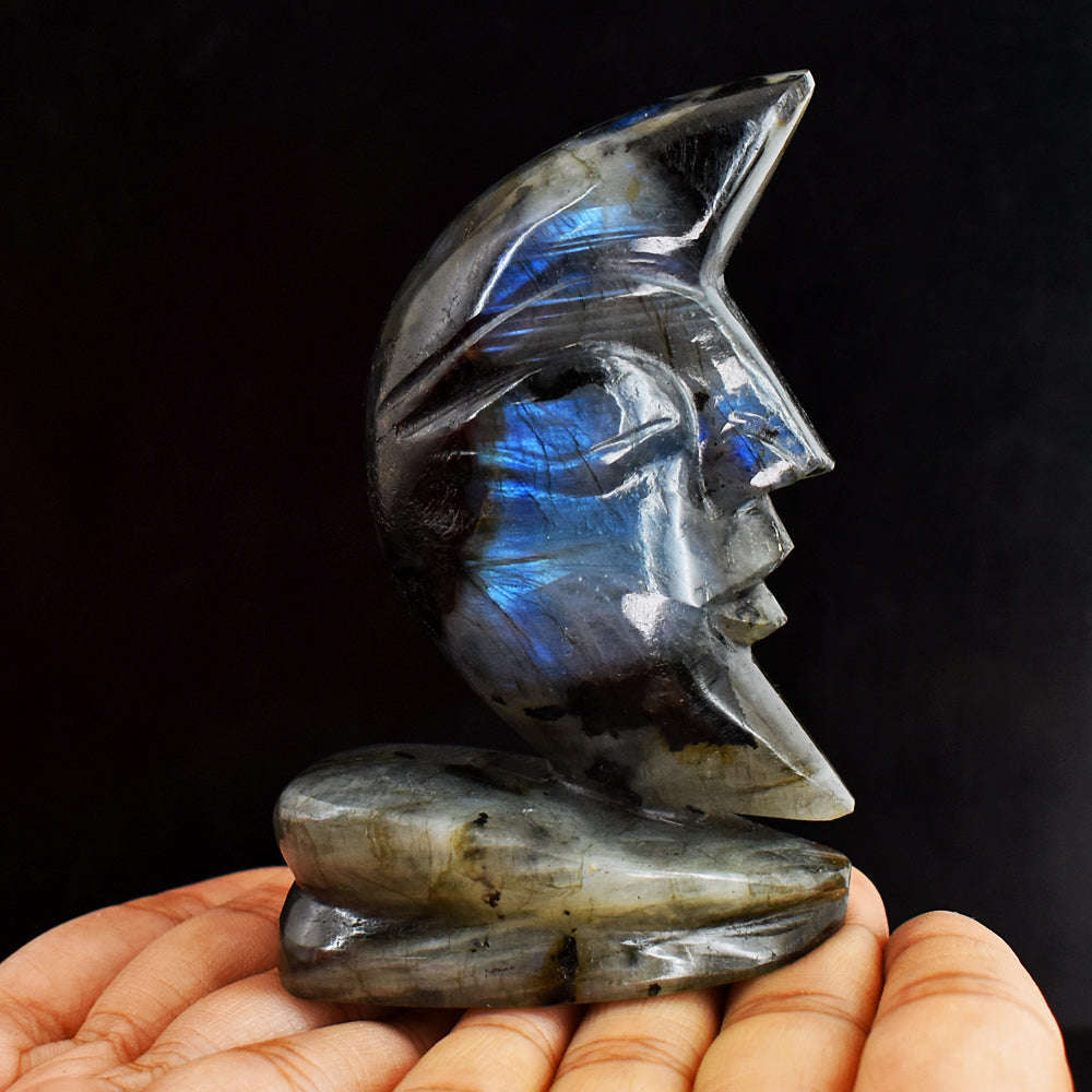 gemsmore:Awesome  777.00  Cts  Genuine Blue Flash Labradorite With Stand Hand Carved Gemstone Carving