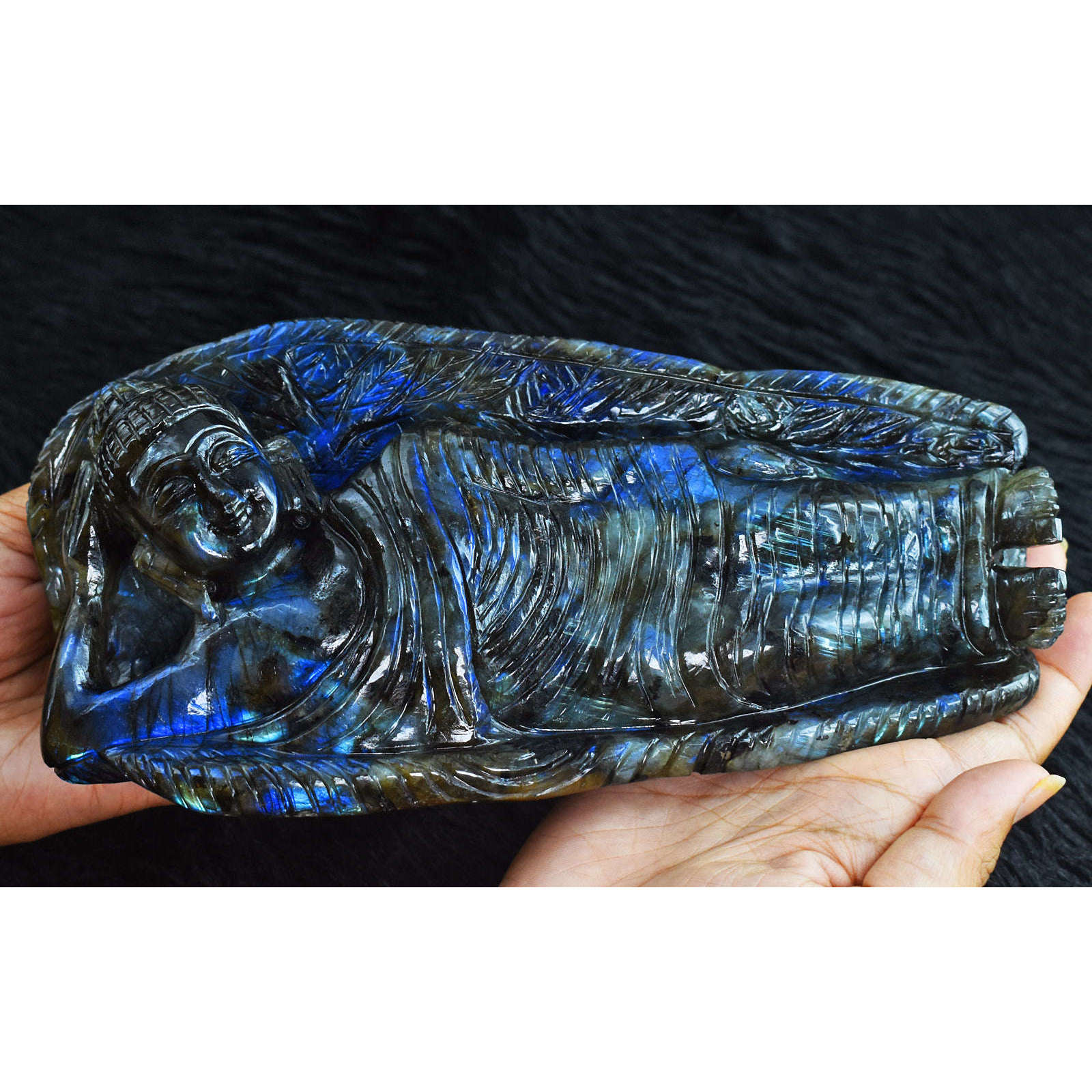 gemsmore:Awesome Royal Blue Flash Labradorite  Hand Carved Genuine Crystal Gemstone Sleeping Mudra Lord Buddha Carving