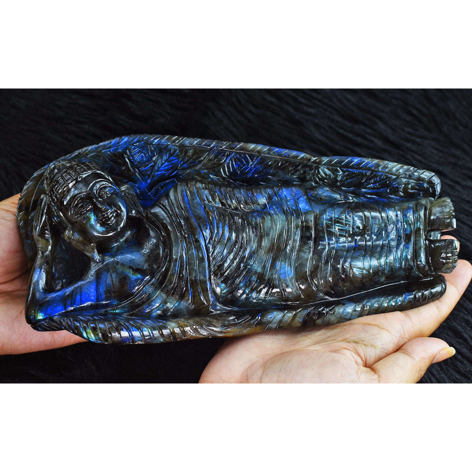 gemsmore:Awesome Royal Blue Flash Labradorite  Hand Carved Genuine Crystal Gemstone Sleeping Mudra Lord Buddha Carving