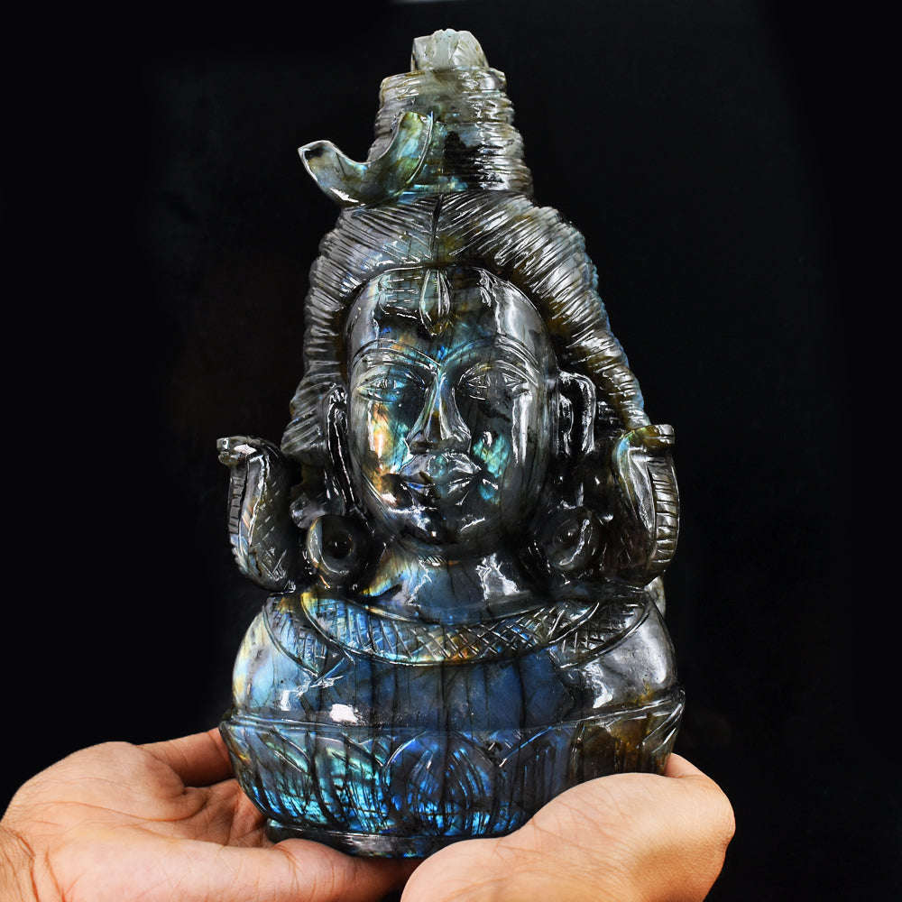 gemsmore:Beautiful 16785.00 Cts  Genuine  Blue & Golden Flash  Labradorite Hand Carved Lord  Shiva Head Gemstone Carving