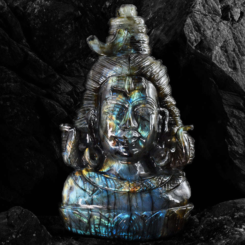 gemsmore:Beautiful 16785.00 Cts  Genuine  Blue & Golden Flash  Labradorite Hand Carved Lord  Shiva Head Gemstone Carving