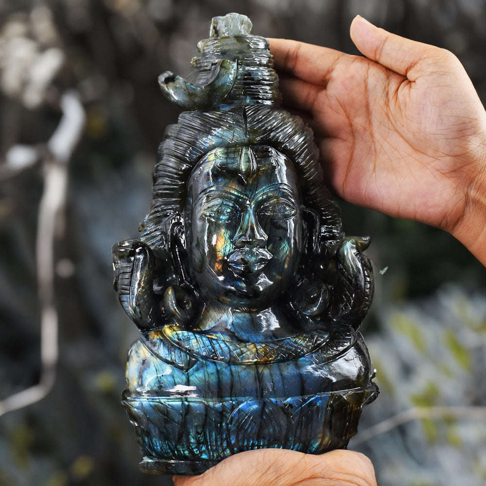 gemsmore:Beautiful 16785.00 Cts  Genuine  Blue & Golden Flash  Labradorite Hand Carved Lord  Shiva Head Gemstone Carving
