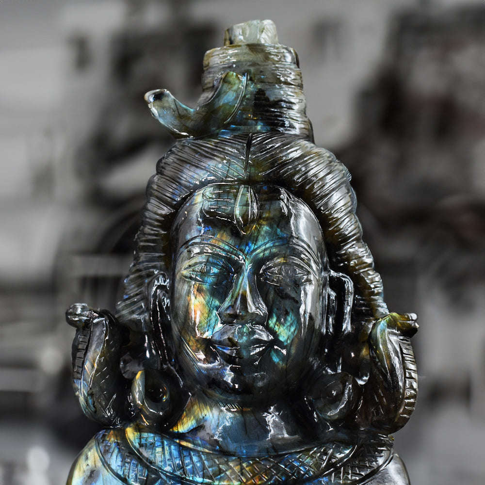 gemsmore:Beautiful 16785.00 Cts  Genuine  Blue & Golden Flash  Labradorite Hand Carved Lord  Shiva Head Gemstone Carving