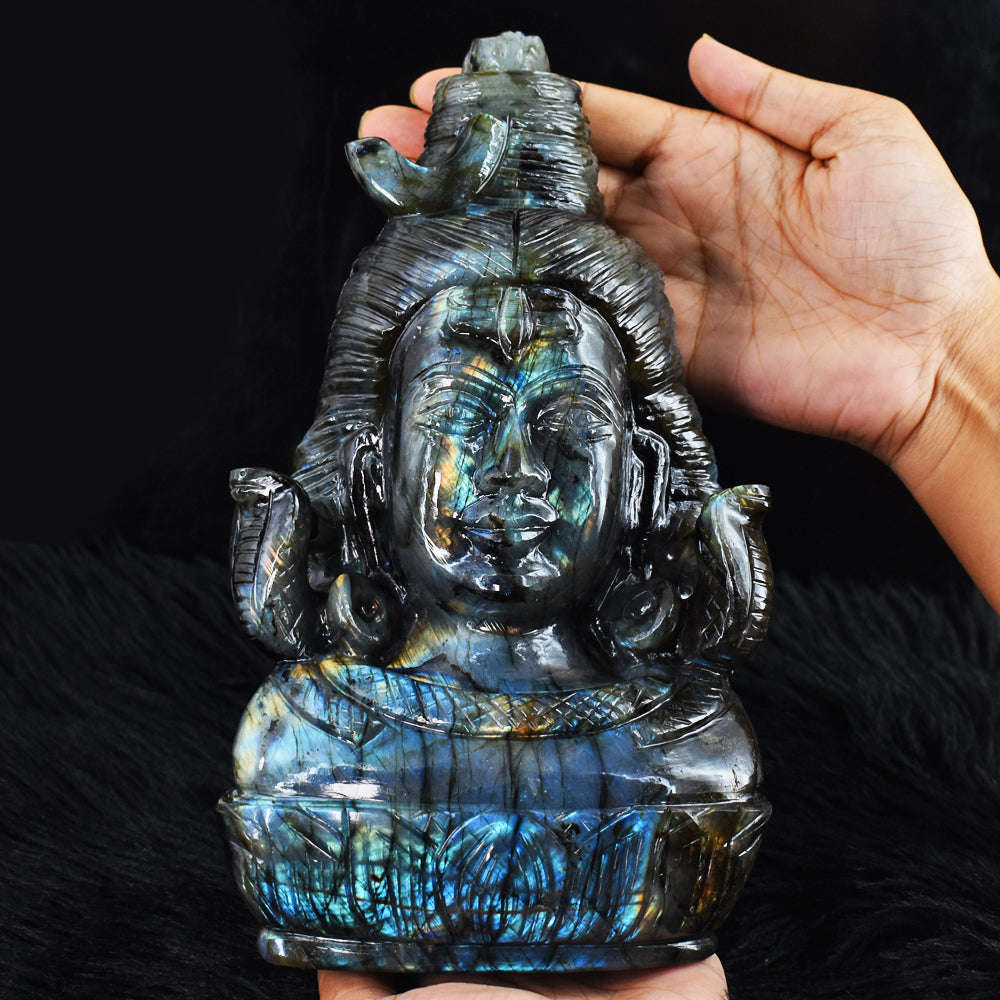 gemsmore:Beautiful 16785.00 Cts  Genuine  Blue & Golden Flash  Labradorite Hand Carved Lord  Shiva Head Gemstone Carving