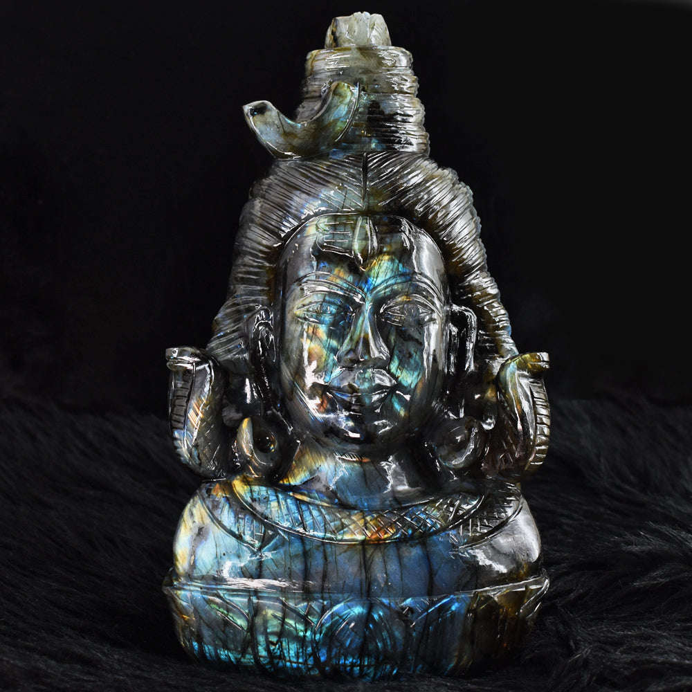 gemsmore:Beautiful 16785.00 Cts  Genuine  Blue & Golden Flash  Labradorite Hand Carved Lord  Shiva Head Gemstone Carving