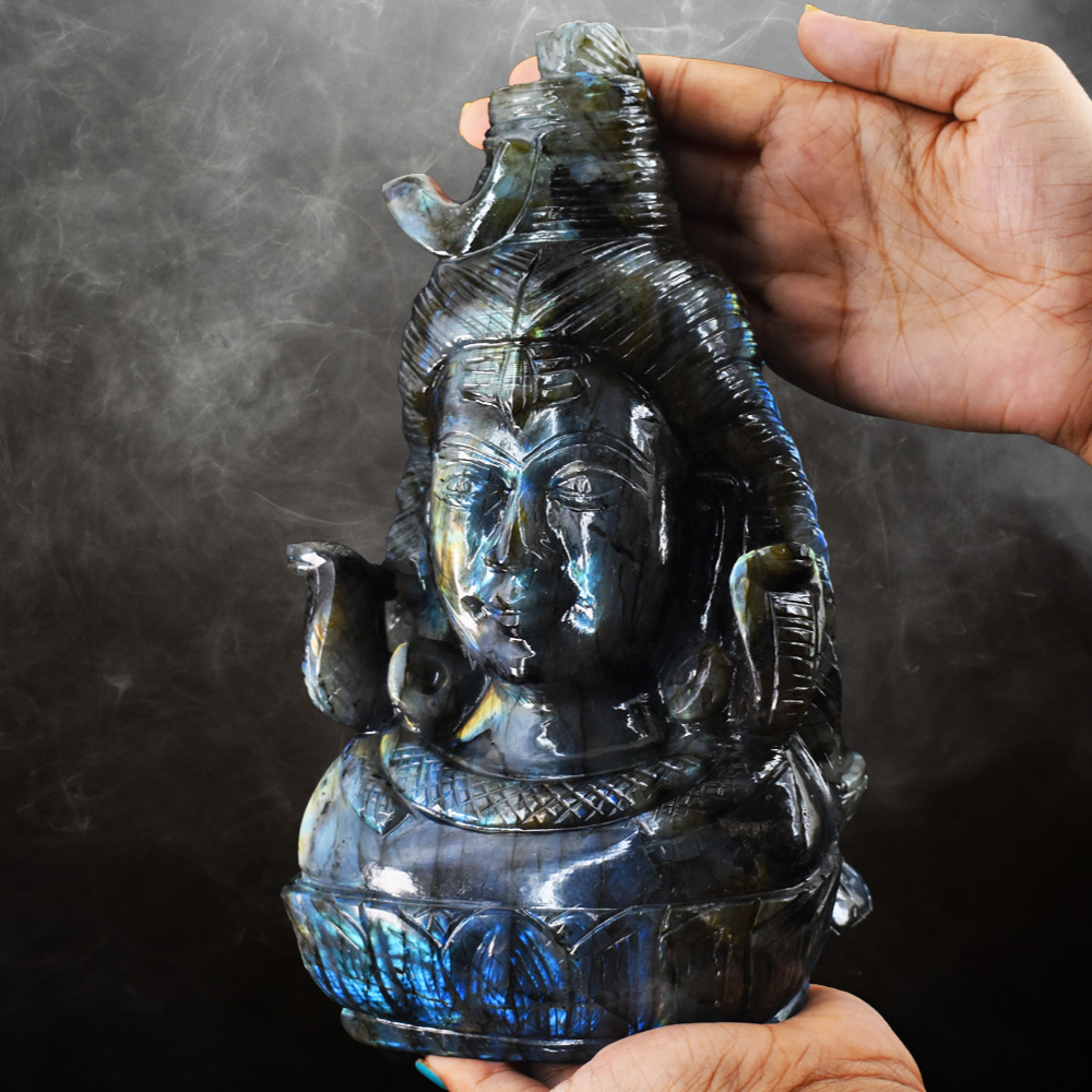 gemsmore:Beautiful 16785.00 Cts  Genuine  Blue & Golden Flash  Labradorite Hand Carved Lord  Shiva Head Gemstone Carving
