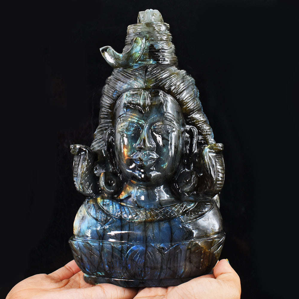 gemsmore:Beautiful 16785.00 Cts  Genuine  Blue & Golden Flash  Labradorite Hand Carved Lord  Shiva Head Gemstone Carving