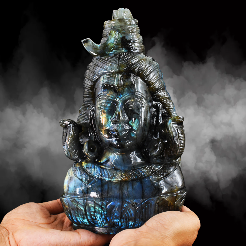 gemsmore:Beautiful 16785.00 Cts  Genuine  Blue & Golden Flash  Labradorite Hand Carved Lord  Shiva Head Gemstone Carving