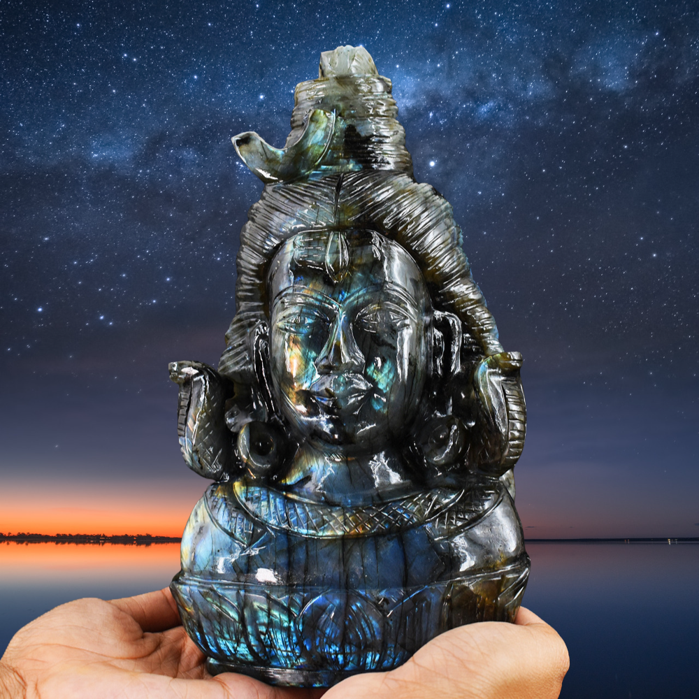 gemsmore:Beautiful 16785.00 Cts  Genuine  Blue & Golden Flash  Labradorite Hand Carved Lord  Shiva Head Gemstone Carving