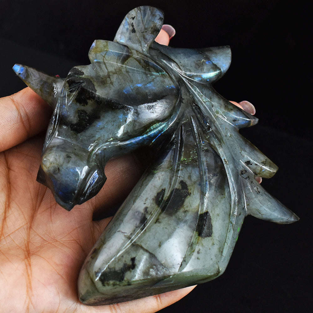 gemsmore:Blue Flash Labradorite  Hand Carved  1514.00 Cts  Unicorn Head Gemstone Carving