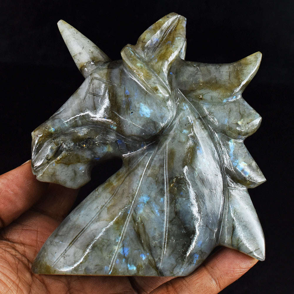 gemsmore:Blue Flash Labradorite  Hand Carved  1583.00 Cts  Unicorn Head Gemstone Carving