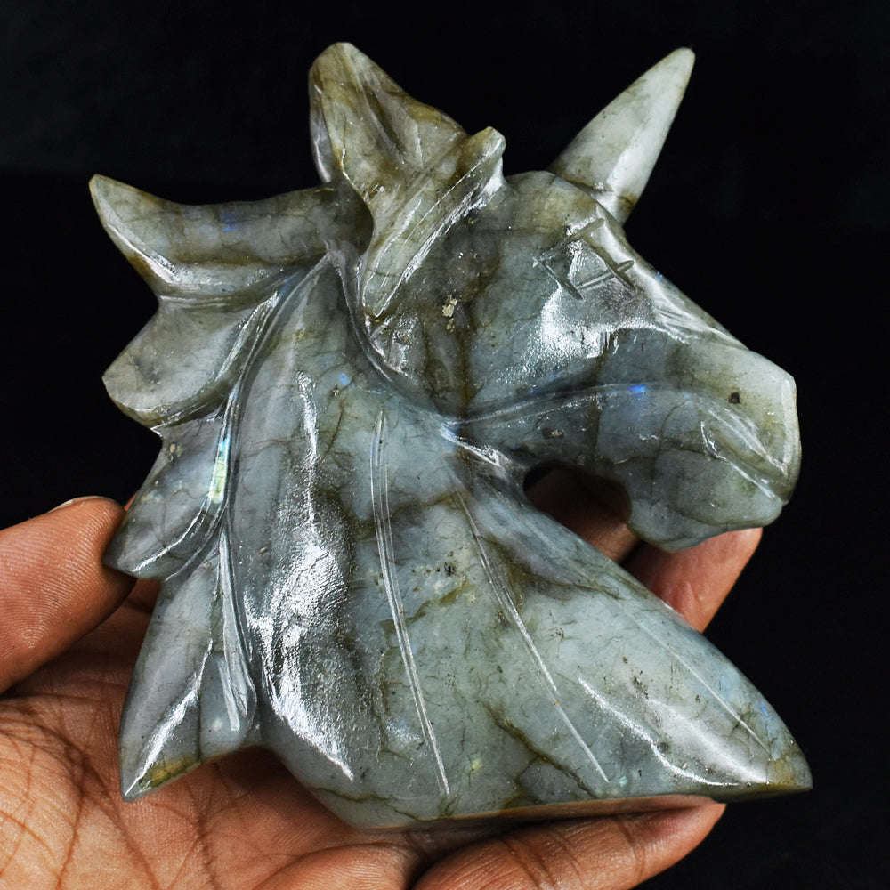 gemsmore:Blue Flash Labradorite  Hand Carved  1583.00 Cts  Unicorn Head Gemstone Carving