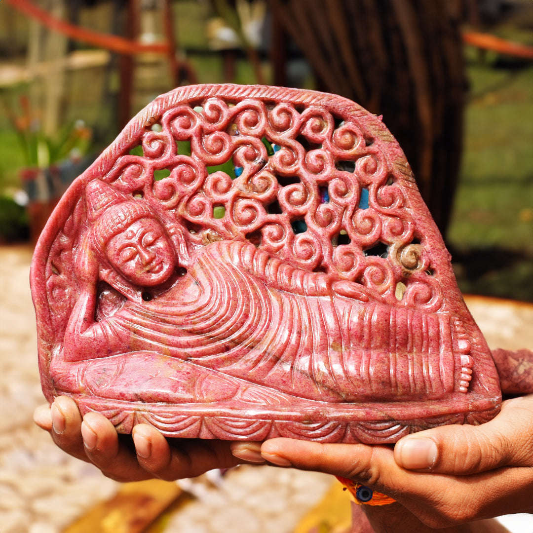 gemsmore:Exclusive 11550.00  Cts  Genuine Rhodonite Hand Carved Genuine Crystal Gemstone Carving Sleeping Lord Buddha