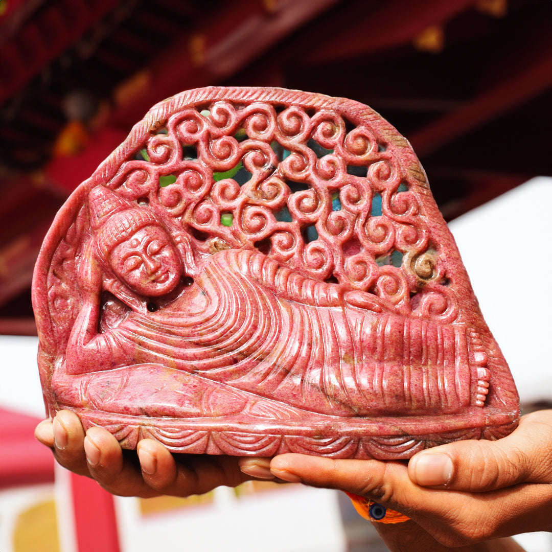 gemsmore:Exclusive 11550.00  Cts  Genuine Rhodonite Hand Carved Genuine Crystal Gemstone Carving Sleeping Lord Buddha