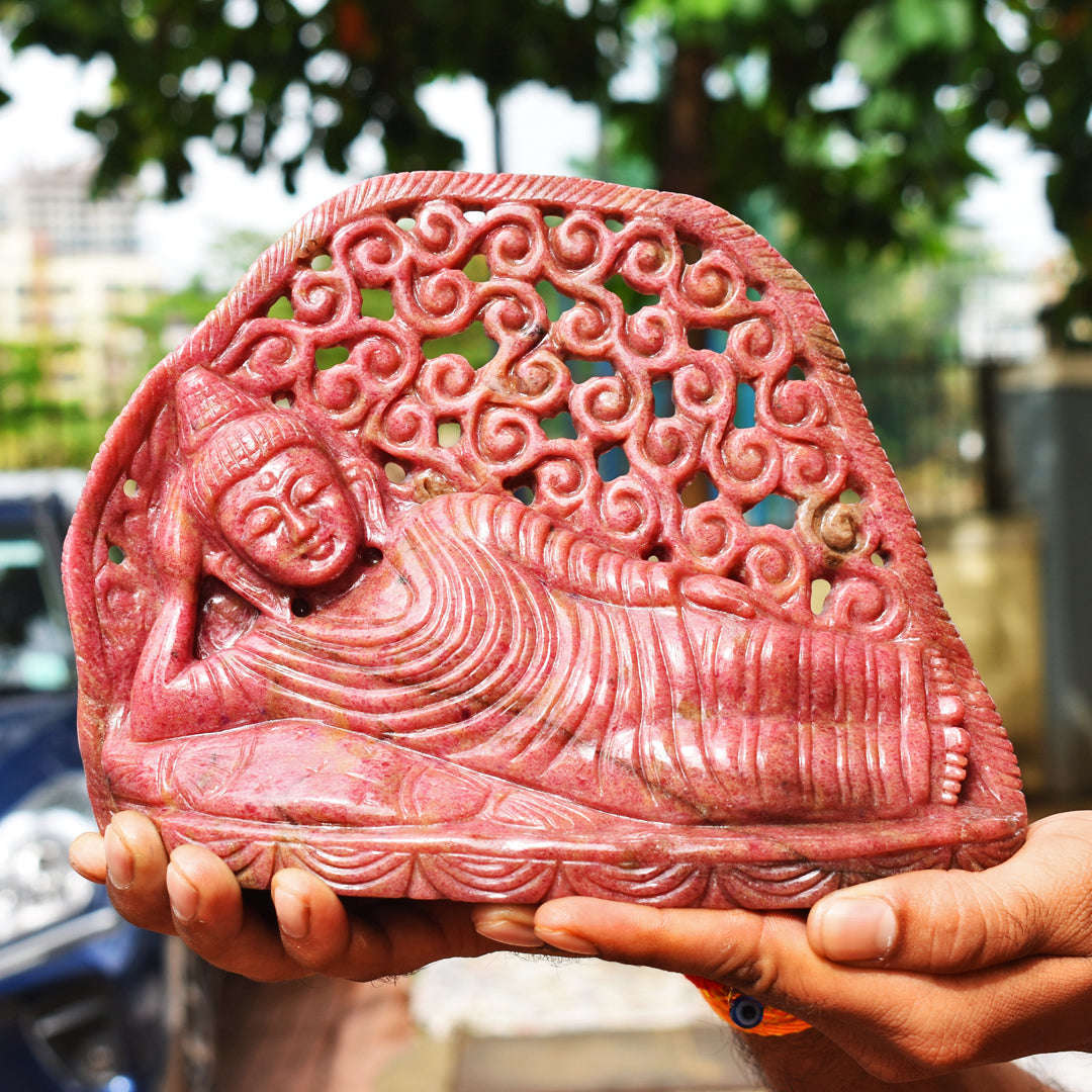 gemsmore:Exclusive 11550.00  Cts  Genuine Rhodonite Hand Carved Genuine Crystal Gemstone Carving Sleeping Lord Buddha
